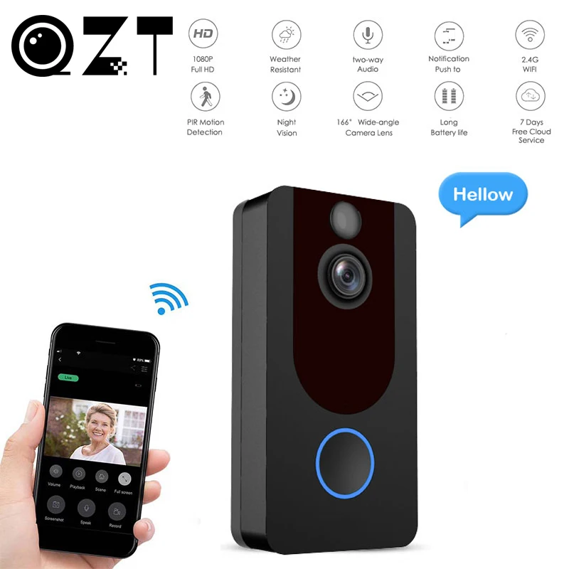 QZT Wireless Smart Doorbell Camera Night Vision Intercom Ring Video Doorbell Camera Wifi Smart Home Door Bell with Camera 1080P