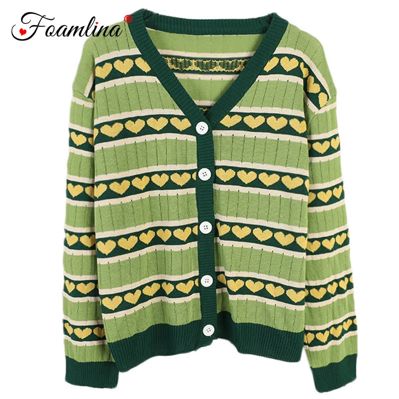 

Foamlina 2019 New Autumn Sweater Coat Women's Green Color Block Striped Love Patterns Long-sleeved Casual Knit Cardigan Sweater
