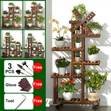 Завод Стенд Полка Крытый деревянный цветочный горшок стойка для патио декоративный цветочный горшок полка открытый бонсай отображения полки для сада двора с колесом