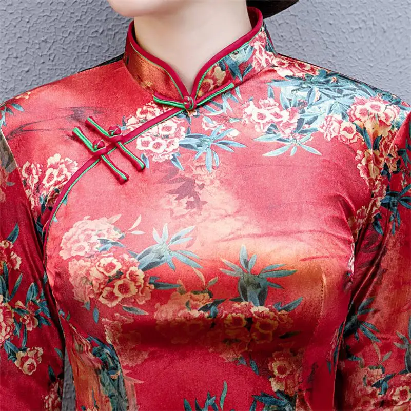 Винтаж ручной работы Кнопка Cheongsam 2 шт. Комплект женский традиционный цветочный принт Qipao Мода Атлас qipao Vestidos