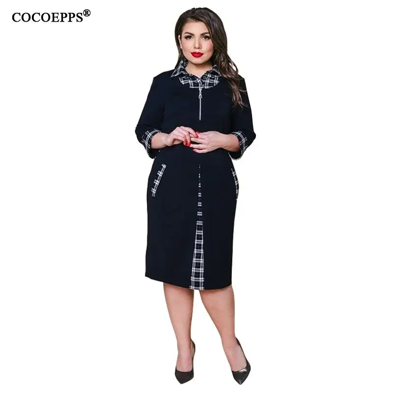 5xl 6xl женское платье большого размера, клетчатое лоскутное платье до колен для офиса, Повседневное платье размера плюс, осенне-зимнее винтажное платье vestidos