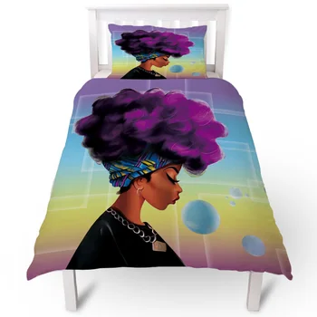 

African Women Purple Hair Duvet Cover Pillow Case Quilt Cover Set Bedclothes Single Bedding Sets For Bed