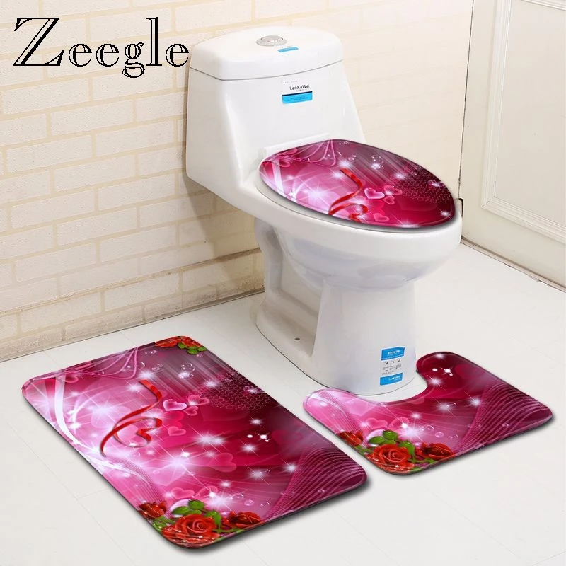 Zeegle 3D Printed Bath Mat Set 3pcs Christmas Bathroom Mat Anti-slip Water Absorption Toilet Cover Toilet Comfortable Foot Rug