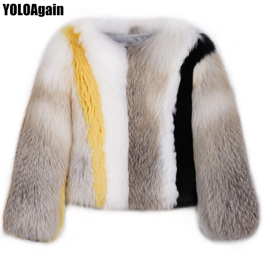 

YOLOAgain winter warm thick women natural fox fur jacket high quality ladies patchwork real fox fur coat