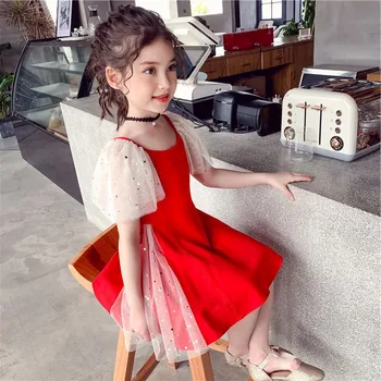 

2020 New Summer Children Girls Cotton Red Sweet Princess Dress Teenage Girls Mesh Puff Sleeve Star Sequin Patchwork Dresses