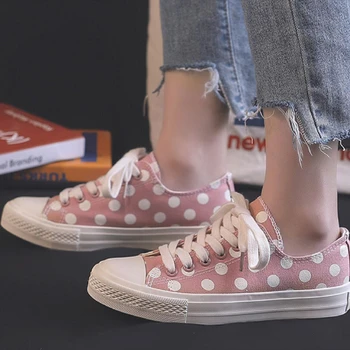 

Spring 2020 Korean New Low-top Popular Harajuku Street Shooting Chic Polka Dot Pattern Cute Sweet Pink Canvas Flat Womens Shoes