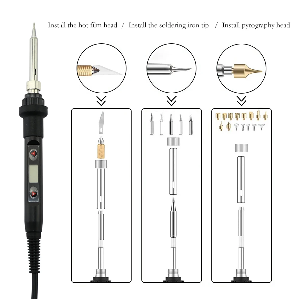 60W 80W Wood Burning Carving Pyrography Pen Kit Adjustable Temperature Soldering Iron Welding Wood Embossing Burning Repair Set best soldering iron