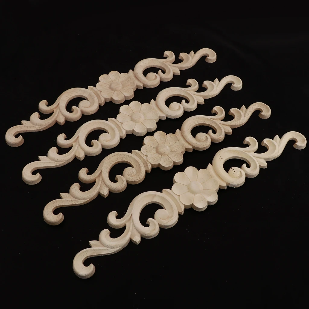 4pc Wood Carved Onlay Applique Craft Unpainted Furniture Home Decoration Crafts