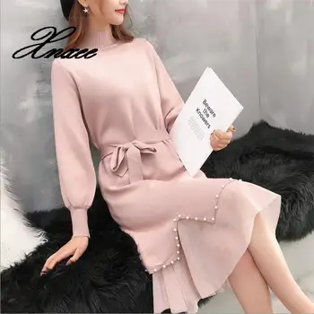 

Xnxee women winter sweater dress long version of the bottom skirt knitted turtleneck beading ham lace