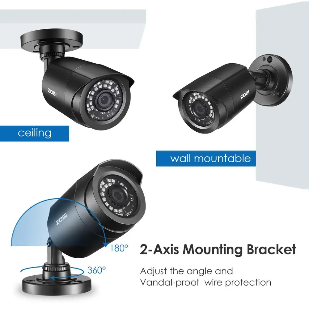  ZOSI 8CH 720P 4-in-1 CVBS AHD CVI TVI Video Security System CCTV DVR 1TB Outdoor Weatherproof Surve