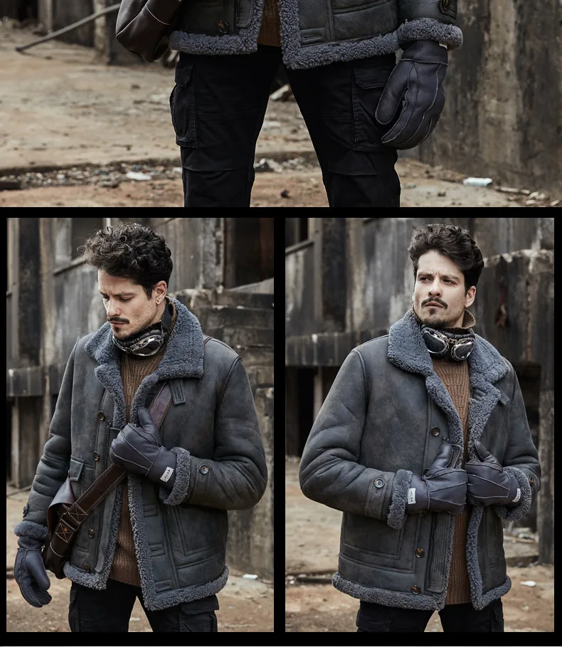Куртка из натуральной кожи, зимняя мужская куртка, оригинальная Натуральная шерсть, мех овчины, Мужская винтажная летная куртка-бомбер размера плюс 185