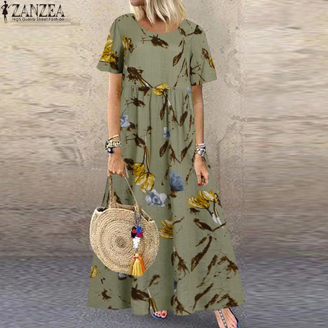 ZANZEA Fashion Summer Maxi Dress Women's Printed Sundress Casual Short Sleeve Vestidos Female High Waist Robe Femme Plus Size 1