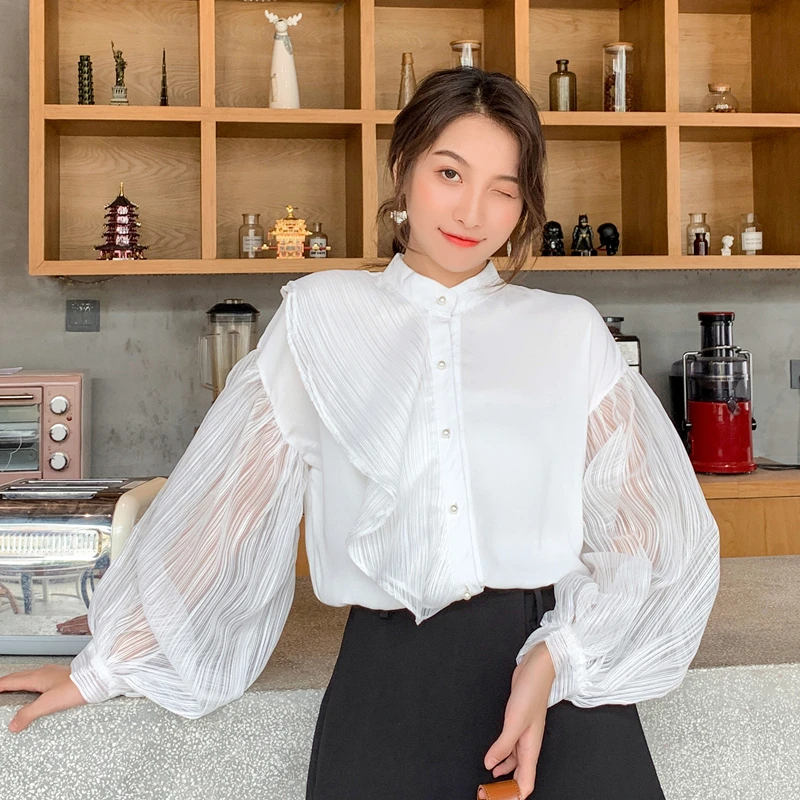 

2019 New Autumn Fashion Women's Clothing Ruffles Stand Collar Chiffon Shirts Lantern Long Sleeves Blouses Female