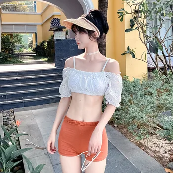 

Tankini Bikinis Swimming Suit For Women Women's Swimwear Closed Girls Rash Guard Swimsuit Suits Female Word Shoulder Lantern