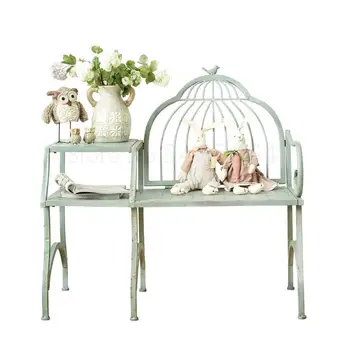 

American Country Retro Wrought Iron Park Bench With Side Table Outdoor Balcony Leisure Chair Kindergarten Shop Decoration