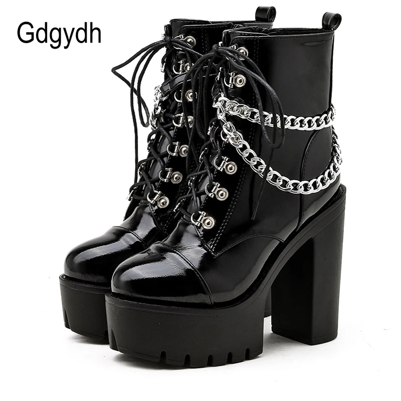 

Gdgydh Black Gothic Women Shoes Autumn Ladies Ankle Boots High Heels Sexy Chain Punk Style Patent Leather Boots For Party Zipper