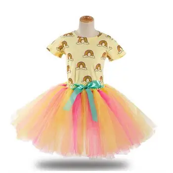 

Girls Child Rainbow Round Neck T-shirt+Tulle Tutu Skirt Set Kids Birthday Party Dress Children Halloween Costume Set