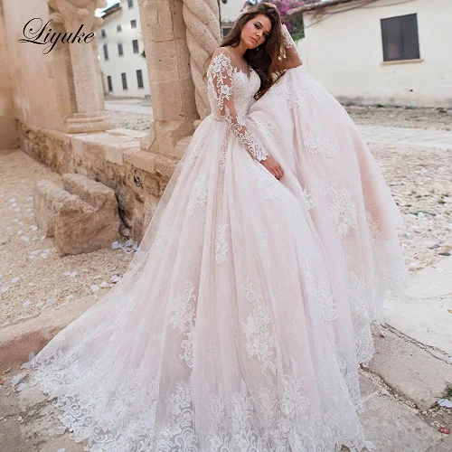 Picture Color Pink Liyuke длинный рукав линии свадебное платье со шлейфом декольте с кортом поезд элегантное кружево свадебное платье - Цвет: Picture Color Pink