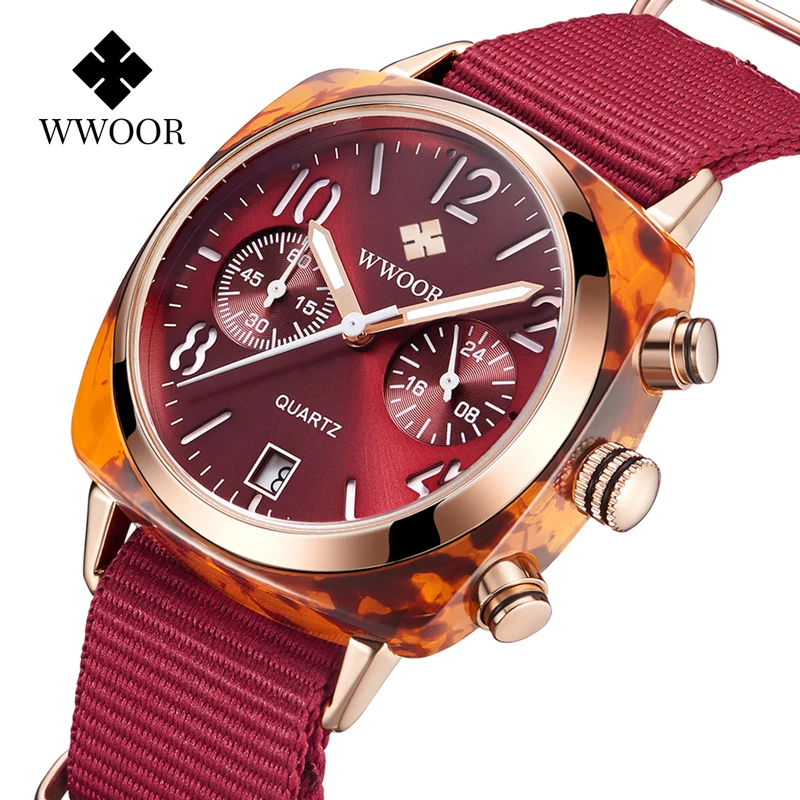 

WWOOR Square Watches Women Luxury Date Chronograph Red Nylon Casual Ladies Watches Waterproof Quartz Clock Female 2020 Gift Xfcs