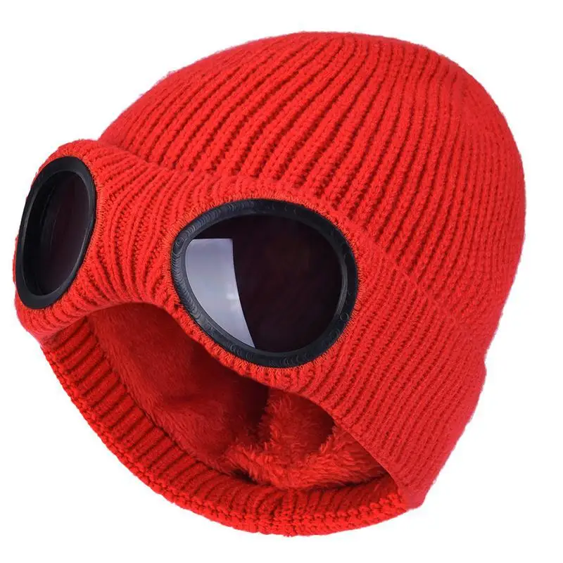 Men Women Winter Acrylic Knitted Warm Goggles Hats Skullies Beanies Plus Plush Thicker Warmer Bonnet Ladies Casual Cap R82 skullies men Skullies & Beanies