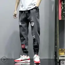 Черные клетчатые джинсы с дырками для мужчин, модные повседневные джинсы в стиле хип-хоп, панк, готический стиль