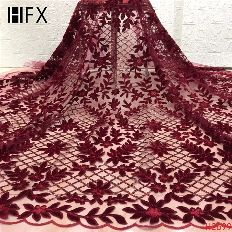 HFX африканская кружевная ткань качественное блестящее бархатная ткань с кружевом фуксия розовый вышитый тюль нигерийская бархатная ткань с кружевом H2699