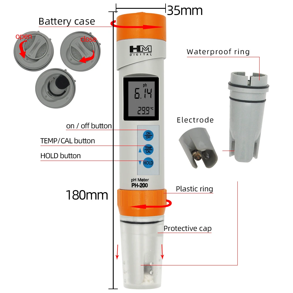 HM Digital PH-200 PH Meter COM-100 EC TDS Meter Temperature with