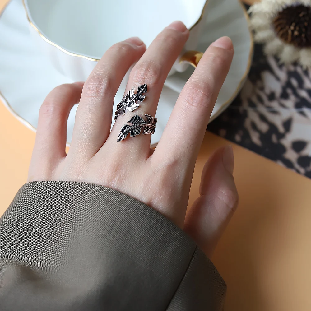 Antique Adjustable Alloy Feather Ring for Men Woman Vintage