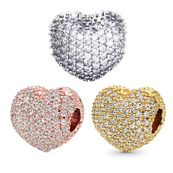 

JrSr New 100% 925 Sterling Silver Rose Gold Pave Crystal Heart Clips Charm Fit Original Pandora Bracelet Women DIY Jewelry Beads