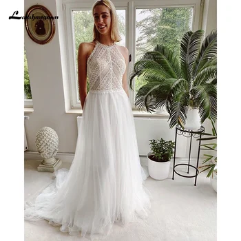 

Boho Beach Halter Chiffon A Line Wedding Dresses Seen Through Lace Applique Illusion Backless Summer Beach Wedding Bridal Dress