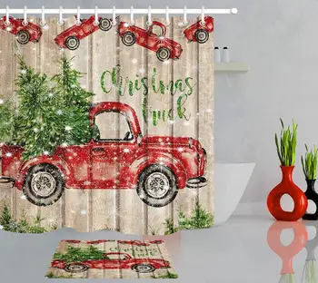 

Red Truck Christmas Tree Shower Curtain Bathroom Bathtub Decor Curtains Polyester Waterproof Fabric 12 Hooks & Bath Doormat
