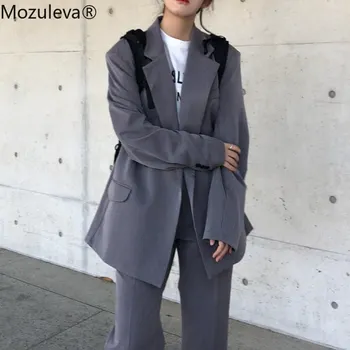

Mozuleva Spring Women Pant Suit Chic Loose 2 Pieces Set Single-breasted Notched Jacket & Straight Pant Female Blazer Suit 2020