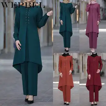 

WEPBEL Muslim Solid Color Suit Women's Casual Ethnic O-Neck Long-Sleeved Long Tops + Straight Pants Suit Arab Clothing