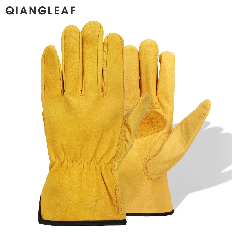 QIANGLEAF Брендовые мужские рабочие перчатки для вождения из воловьей кожи защитные перчатки Желтые теплые противоскользящие износостойкие перчатки H93