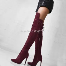 Замшевые женские высокие сапоги с перекрестной шнуровкой новые модные Ботфорты-гладиаторы с острым носком на тонком высоком каблуке пикантная женская обувь большого размера