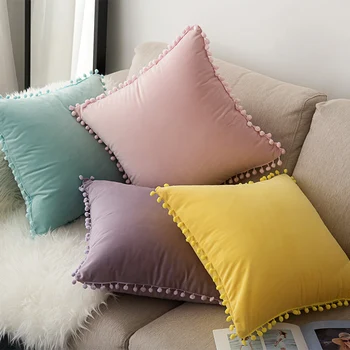 

Nordic Velvet Cushion Cover Pink Yellow Pompom Tassel Throw Pillow Cover Hairball Decorative Pillows Case Coussin Decoratif