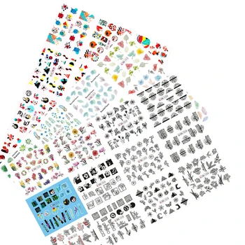

12Pcs/set Nail Art Slider Transfer Water Decals Black Geometric Letters Nail Sticker Flower Leaves Water Slider Sexy Girl Summer