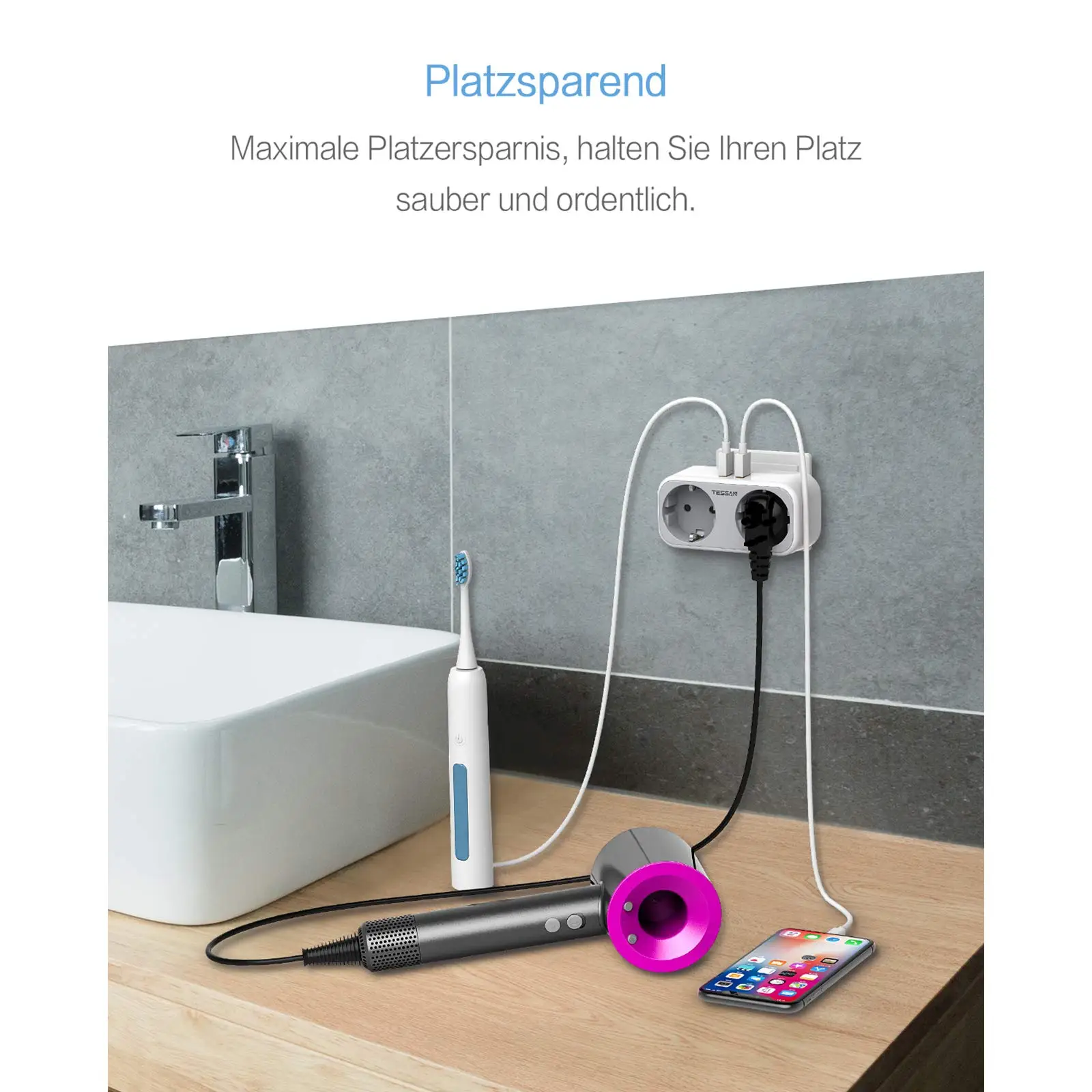 Adaptador de Tomada Faixa de Energia para Parede Proteção contra Sobrecarga Preto com 2 ac e 2 Tessan Cinza Branco Entradas Portas Usb 110230v - - Image 5