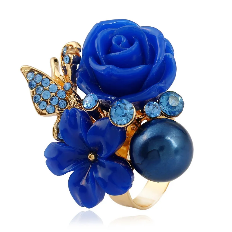 Новое цветочное кольцо для женщин ювелирные изделия из смолы розы цветок кольца Регулируемый большой кристалл свадебное кольцо на палец Bijoux Homme - Цвет основного камня: Dark blue