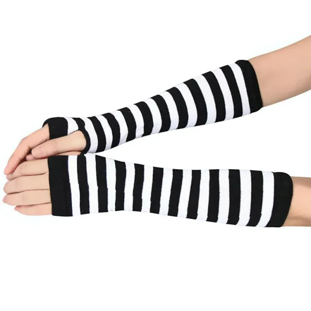Женские полосатые черные и белые перчатки зимние наручные руки теплые вязаные длинные перчатки без пальцев Варежки#4