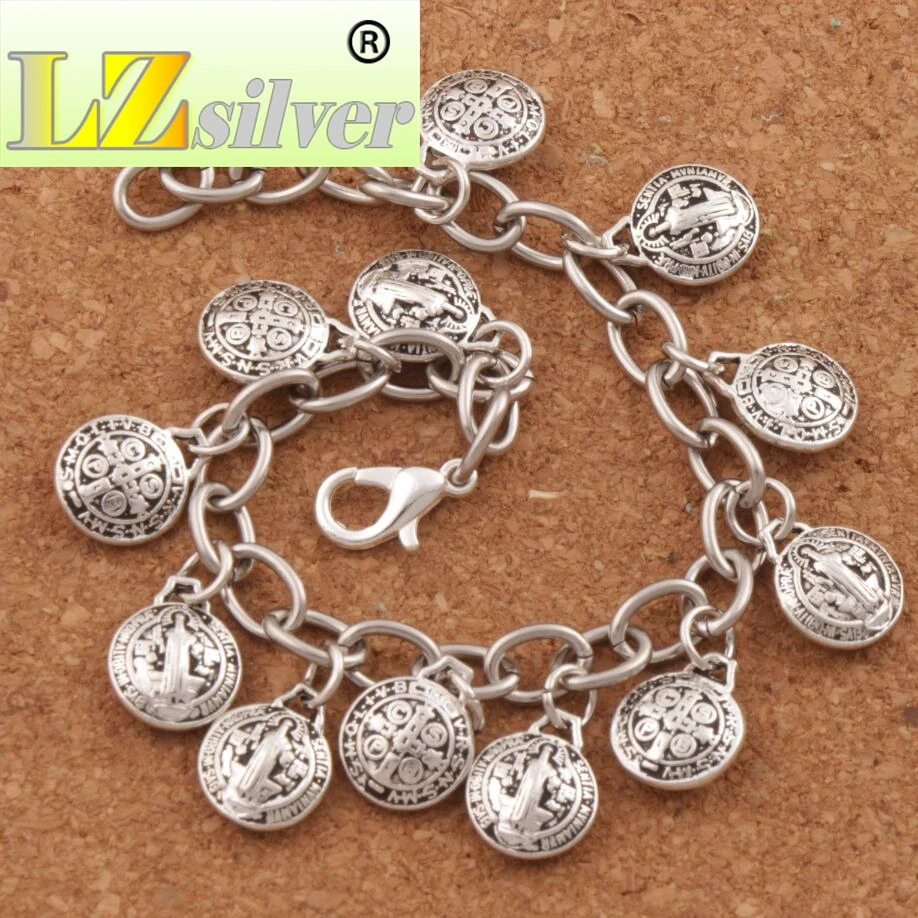 Saint St Benedict Medal Charm Bracelets Stainless Steel Chains Bracelet 7" 7.5" 8" 8.5" BC01 Tibetan Silver
