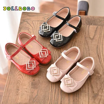 

New Girls Party Shoes Fashion Princess Spring Rhinestone Kids Flat Shoes Black Red Pink Toddler Girl Leather Shoes Size 8 9