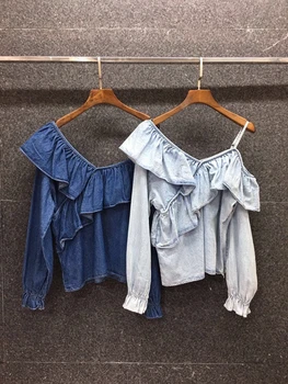

2020 Early Autumn New Women's Unilateral off-Shoulder Ruffles Stitching Decorations Solid Color Long-Sleeved Denim Shirt 903