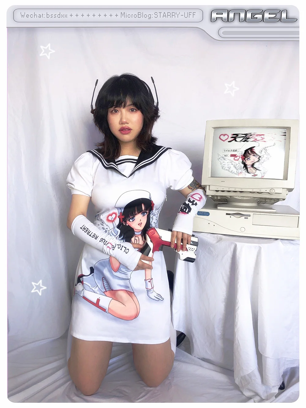 Starry UFF Original Design Angel Anime Showa Retro Improved Japanese Sailor JK Short Sleeve Bodycon Dress + Sleeve