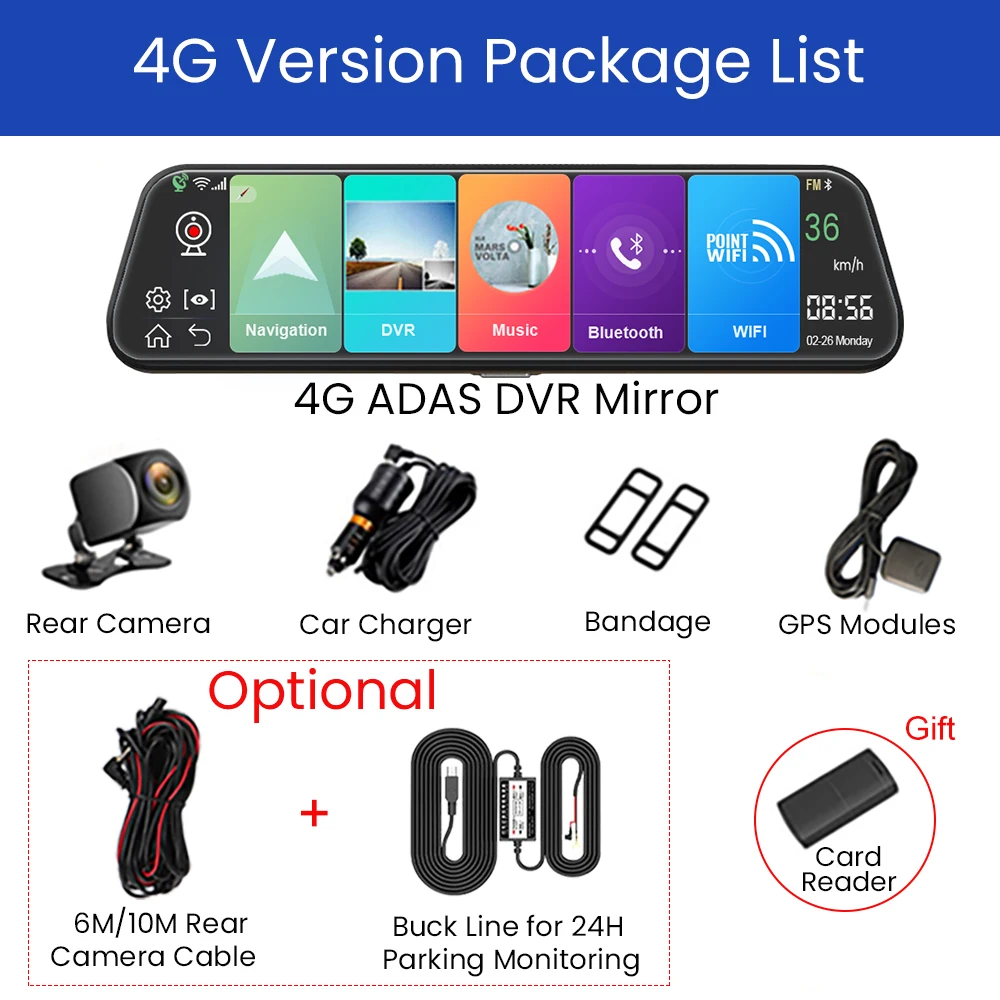 Автомобильный видеорегистратор 4G 10 дюймов с зеркалом заднего вида Android 8 1 GPS