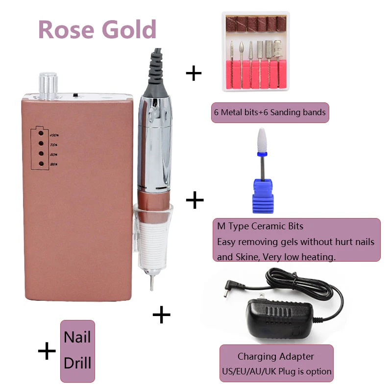 Rose Gold 30000 об/мин Беспроводная портативная электрическая дрель для ногтей, набор перезаряжаемых e пилок для ногтей, маникюрный педикюрный набор для салонного использования - Цвет: Rose Gold