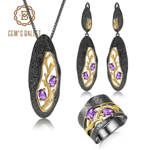 GEM'S балетные 925 пробы серебряные кольца серьги кулон наборы Натуральный Аметист ручной работы ветка набор украшений для женщин хорошее ювелирное изделие