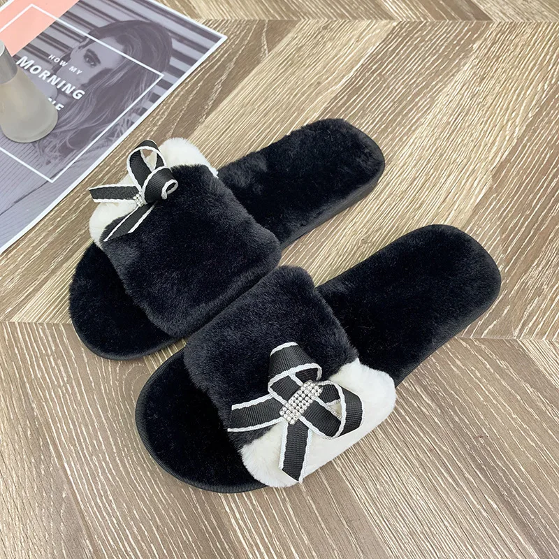

A Korean Version of the New Plush Slippers Women's Word Stitching Korean-Style Cute Bow Furry Autumn and Winter Fabric Cotton Sl