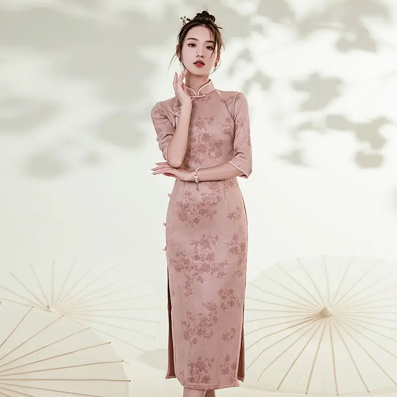 Cheongsam Qipao Chinese Dress Modern Pink Improved Cheongsam Retro Evening High-End Dress Elegant Floral Women