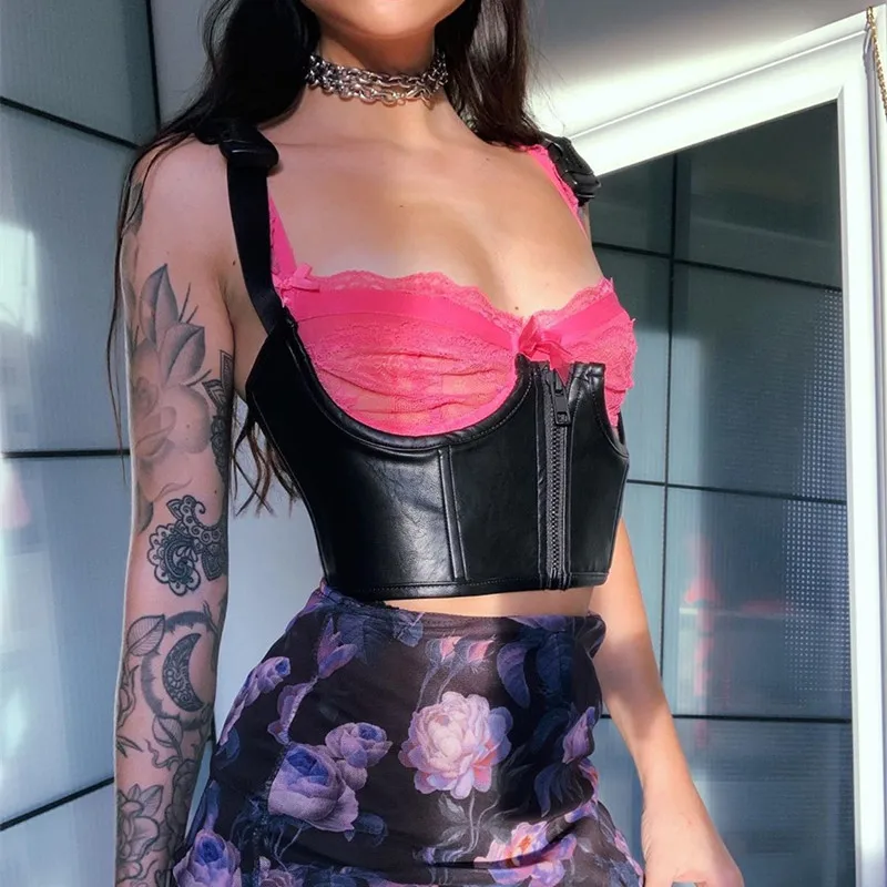 Darlingaga Streetwear Punk PU Leather Crop Top Women Buckle Zipper Gothic Tank Top Suspenders Strap Summer Tops Camisole Clothes